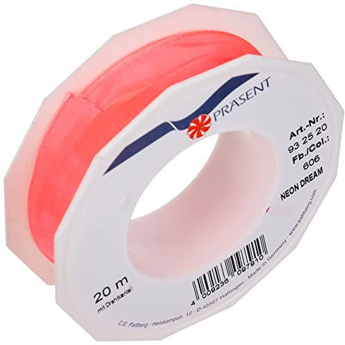 Präsent C.E. Pattberg NEON Dream Band mit Drahtkante hot pink, 20 m Schleifenband für Bunte, 25 mm Breite, für knallige Geschenkverpackungen, Dekorationen & Applikationen