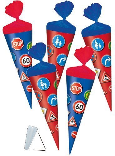 alles-meine.de GmbH 5 Stück: Schultüte - Verkehrszeichen 20 cm - mit Kreppabschluß - mit/ohne Kunststoff Spitze - Zuckertüte ALLE Größen rund z.B. für Fahrschule und Führersche