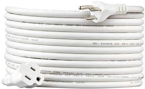 Amazon Basics Extension Cord, 20 Ft, 3 Prong Outlet Extender, Indoor Power Cord, 13 Amps, 125V, White