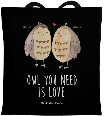 Mr. & Mrs. Panda Tragetasche Eulen Liebe - Geschenk, romantisch, Jutebeutel, glücklich, Freund, Hochzeit Spruch, Einkaufstüte, Eule Deko, Pärchen,