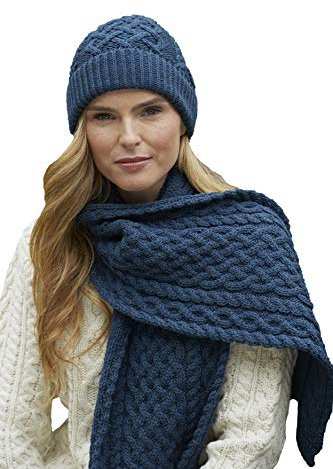 Aran Crafts Irischer weicher Schal mit Zopfmuster (100% Merinowolle), Stockenblau, One size