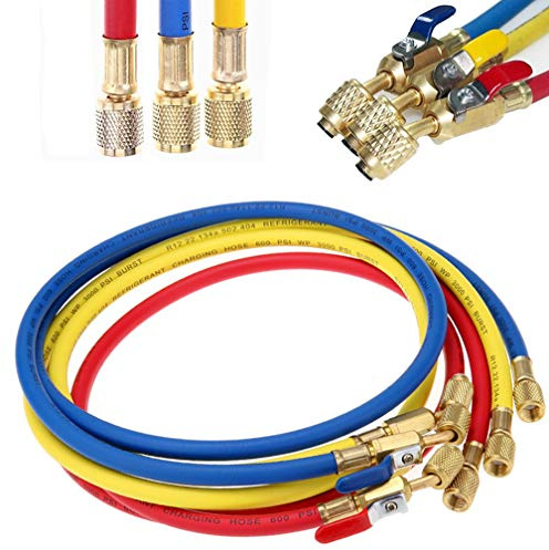 Manguera de carga de refrigerante con válvula de bola aplicable a R134A, R12, R22, R502, R404, colector de aire acondicionado, 1/4 pulgadas, juego de mangueras de rosca de 60 pulgadas, rojo/amarillo
