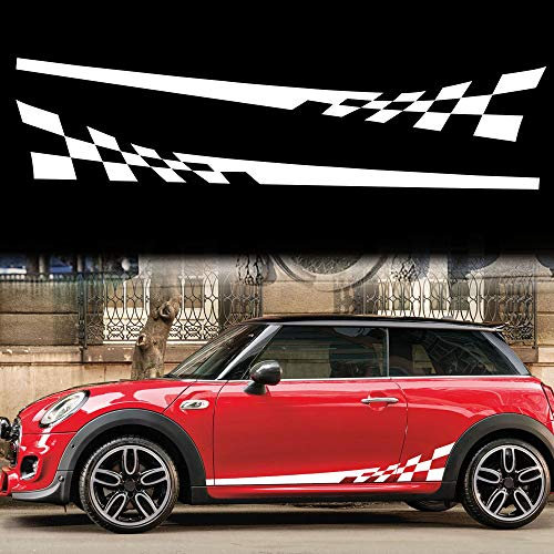 TOMALL 1 Paire 196 cm Autocollants à rayures Latérales de Drapeau à Damier de course treillis Grille rayure Graphique étanche Porte de Voiture autocollants Latéraux décorations (Blanc)