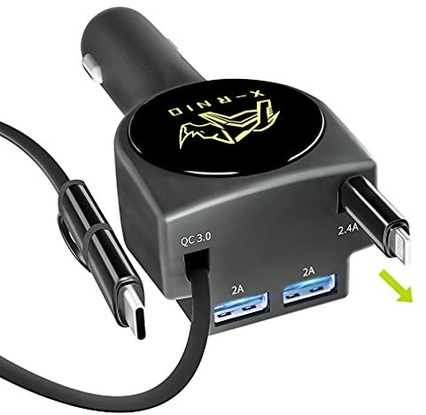 Retractable Car Charger, Fast Charge 3.1A 47W, Retractable Cables (3Ft) and 2 USB Ports Car Charger Adapter, Compatible with iPhone & Android Cell Phones