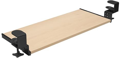 FIX&EASY Support coulissant pour clavier ordinateur souris avec tablette tiroir et pince noir, plateau 800X400mm hêtre décor, glissières noir 400mm avec verrouillage pour bureau et pc table