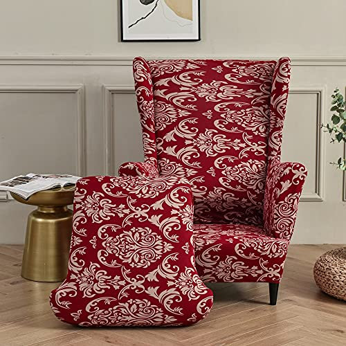 Highdi 2 Teilig Ohrensessel Überzug, Sessel-Überwürfe Ohrensessel Schonbezüge Bezug Sesselhusse Elastisch Stretch Tiger Stuhlbezug mit Armlehne Hohe Rückenlehne Universal (Roter Barock)