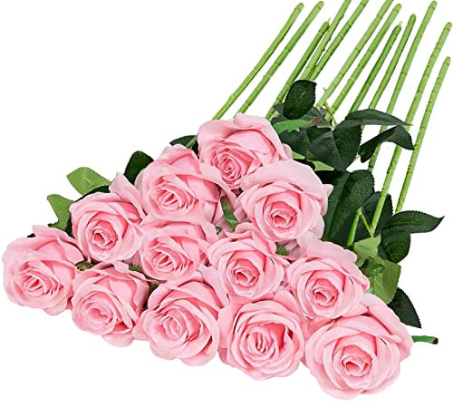 Hawesome 12PCS Künstliche Rosen Gefälschte Blumen Einzelne Lange Stielblüten mit Rosenknospen Hochzeitsdekoration Brautstrauß Dekoratives Blumenarrangement Dekoration Party Mittelstücke (Rosa)