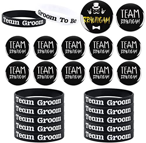 24Pcs JGA Deko Männer Bräutigam Button, Männer Armbänder, 1 Groom mit 11 Team Groom Junggesellenabschied JGA Accessoires Abzeichen Mitgebsel Partyzubehör Schwarz