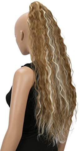 CAISHA 70cm Extralang Voluminös Gewellt Clip On Haarteil Zopf Pferdeschwanz Hitzebeständig Synthetik Hellbraun Hellblond Geträhnt H702