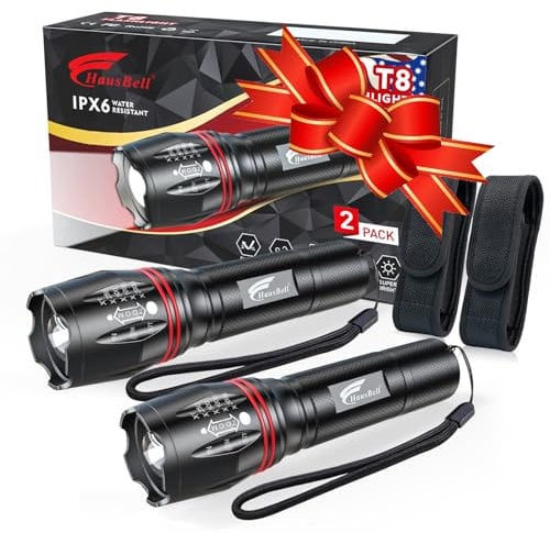 HAUSBELL T8 Upgraded Flashlight Bright, Zoomable Tactical LED Flashlights Flash Light with High Lumens and Five Modes and Camping Accessories, 2 Pack