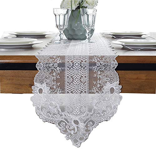 EHOMERY Tischdecken Herbst, Tischband Crash Weiß Dreieckspitzenblattblumenstickerei Tischläufer Polyester 30x180CM