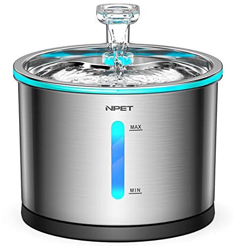 NPET Trinkbrunnen für Katze Edelstahl, 1.5L Katzenbrunnen mit Wasserstand Fenster und LED-Licht, Automatischer Wasserbrunnen mit Ersatzfilter, Ultraleiser, Spülmaschinenfestes, WF210