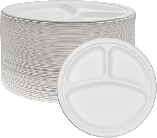 Best House Strong Bagasse Plates Biodegradable & Compostable Dinner Party Plates 10 Inch 3 compartments - Sugarcane Plates Made of Sugarcane Perfect for Everyday USE Party Picnic BBQ (Pack of 150)