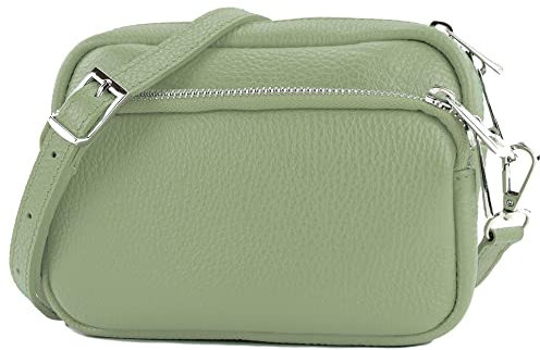 modamoda de - T231 - ital. Umhängetasche Klein Small aus Leder, Farbe:Graugrün