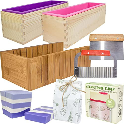 Seifenformen-Set mit Holzschneider, Seifenformen, Silikon, 1.3 l, Violett, zum Schmelzen und Ausgießen oder Kaltprozess, 50 Stück Seifenverpackung, Papiertüten, Edelstahlschneider, Hausfrau, Seife