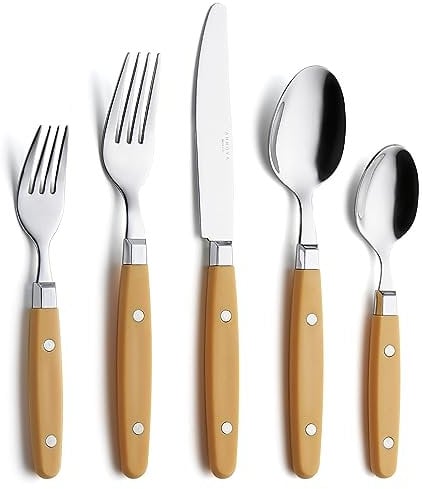 Annova Cutlery Set 20 Pieces Stainless Steel Color Handle with Rivet/Retro Style Flatware (Yellow)