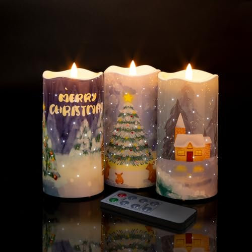 Eywamage Aquarell Weihnachtsbaum flammenlose Kerzen mit Fernbedienung Lichter, batteriebetriebene Weihnachten LED Stumpenkerzen Set von 3