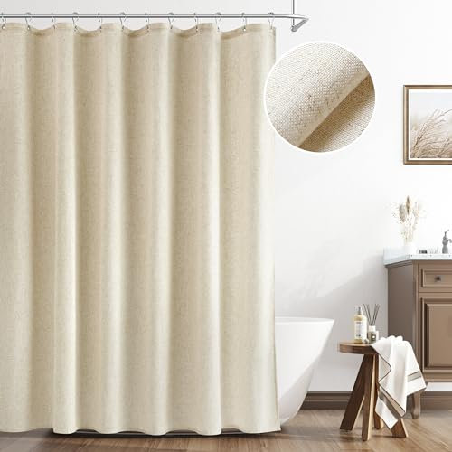 Naturoom Cortina de ducha de lino natural, decoración de baño de estilo bohemio campestre, cortinas de ducha beige para baño, tela neutra con textura pesada, forro de cortina de baño con ganchos,