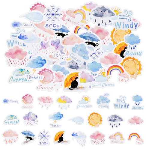 46pcs Aufkleber für Scrapbooking Kleine Scrapbook Aufkleber Set, Journaling Bullet Junk Journal Supplies, Planer, Kid DIY Art Crafts, Laptop, Koffer (Wetter)