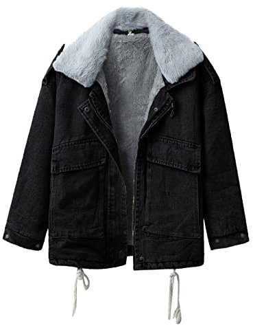 L9WEI Veste en jean matelassée à manches longues pour femme avec capuche basique délavé décontracté, X02-noir, XL