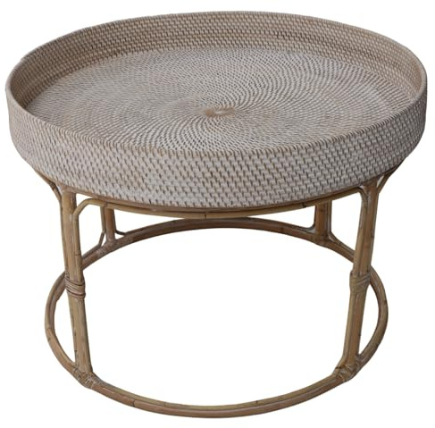 GURU SHOP Geflochtener runder Kaffeetisch, Beistelltisch, weiß, D70cm H50cm | Handgefertigt aus Rattan, 3 passende Größen, platzsparend verstaubar, elegantes Design