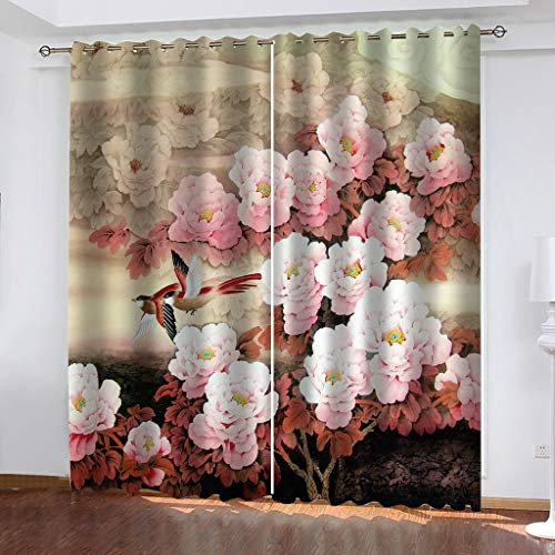 Blickdichte Vorhänge Mit Motiv 3D Rosa Pfingstrose Blume Kinder Gardinen Blickdicht Ösen Gardine Thermo 264x214 cm Schlafzimmer Kinderzimmer Vorhänge Dekoratives Muster, Verdunklungsvorhänge