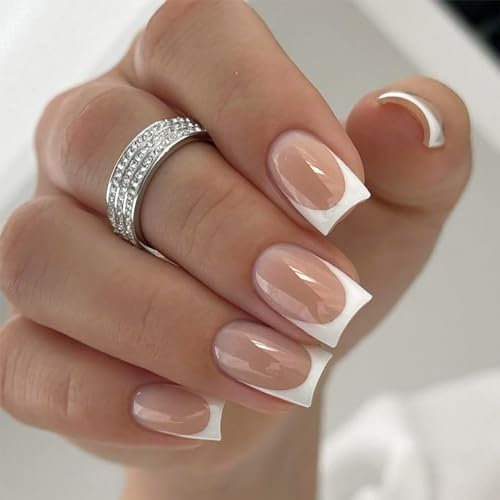 French False Nails Short, 24Pcs White French Fake Nails, Square Press on Nails Pattern,Nail Tips with Nail Glue, Stick on Nail for Women Girls Nail Art