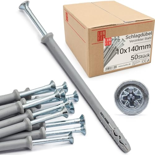 LUN FIX Schlagdübel 10x140mm 50 STK Verzinkter Stahl mit Senkkopf | Nageldübel, Rahmendübel, Schnellmontage Dübel, Spreizdübel, vormontierten Schrauben mit Dübel für Beton, Vollziegel