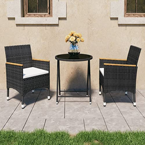GuyAna 3-TLG. Bistro-Set Poly Rattan und Hartglas Schwarz Höhenverstellbar Rattan Look Outdoor Terrasse Balkon Gartenmöbel Korbsessel
