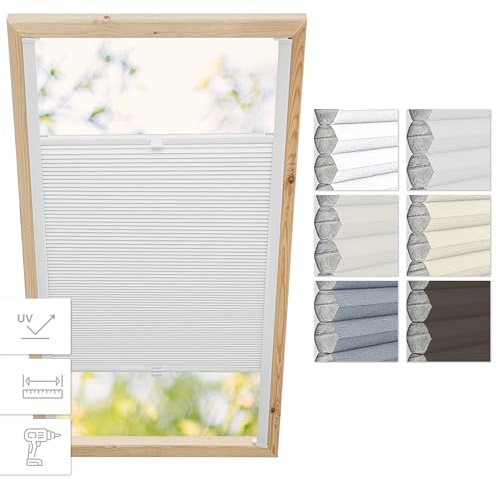Estika Wabenplissee mit Bohren für Velux-Fenster FK08 – Stofffarbe Weiß-Weiß, Profilfarbe Kiefer – Dachfensterplissee, Innenrollo, Dachfenster-Rollo