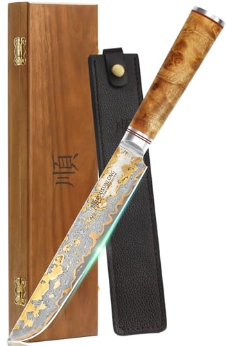 YOUSUNLONG Cuchillo Sakimaru 200mm - Cuchillo Japonés Sushi - Cuchillos Artesanales de Cobre y Acero Damasco para Tallar - Cuchillo Ultra Afilado para Salmón - Naturel Burl Mango de Madera con Cuero
