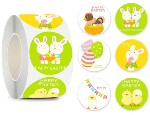 Mllepjdh 500 Stück Happy Easter Aufkleber, Siegeletiketten-Aufkleber für Ostern, Party, Kind, Geschenk, Dekorationen, Osteraufkleber, Rolle, 500 Stück/Rolle, Happy Easter Aufkleber, Hühnerei, 6
