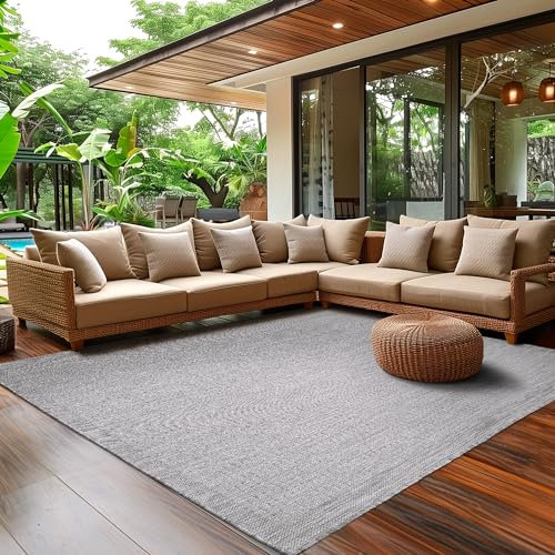 SIMPEX Outdoor Teppich Wetterfest Terrasse Balkon Garten Küchenteppich Einfarbiges Design Flachgewebe Sisal Look Waschbarer Teppich, Größe: 140 x 200 cm, Farbe: Grau