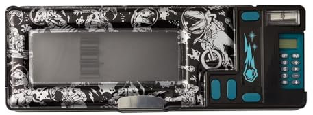 Outer Space Kids Pencil Case (Black) with Better Together Pop Out Blue Green Calculator and Sharpener