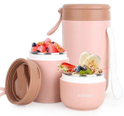 XCRPRT Taza de Cereales para Llevar, Porta Yogur, 430ml + 300ml Taza de Yogur de Acero Inoxidable, Taza de Cereales con Cuchara, Termo de Comida Caliente, Termo Comida Bebe Adulto -Sin BPA(Rosa)