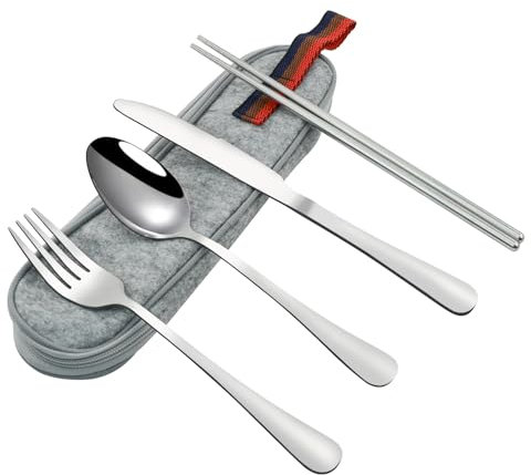 VANRA Portable Travel Utensils Set with Case 4-Piece Stainless Steel Camping Cutlery Set Reusable Silverware Set for Work Fork Spoon Knife Chopstick for Lunch Box School Picnic (Silver)