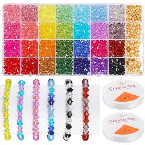 3000 Perles Bracelet Perles à Facettes 28 Perles en Verre de Couleur avec Boîte de Rangement Perles Cristal facettes Convient pour la fabrication de bracelets de bijoux, travaux manuels