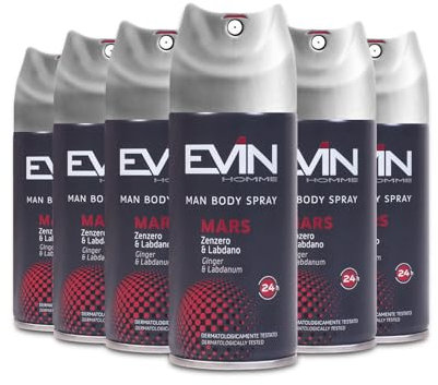 EVIN HOMME | Deodorante Uomo Spray, Fragranza Zenzero e Labdano, Durata 24h, 150 ml x6