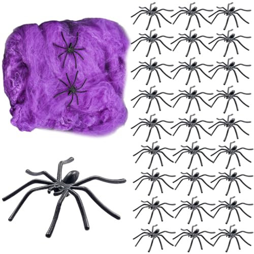 AYV Ragnatela Halloween,Zig Zag Ragni e Ragnatele,Ragnatela di Decorazione di Halloween,80g Ragnatela Viola e 30 Pezzi Ragni Neri Decorazioni di Halloween,Ragni Finti,Decorazione Horror
