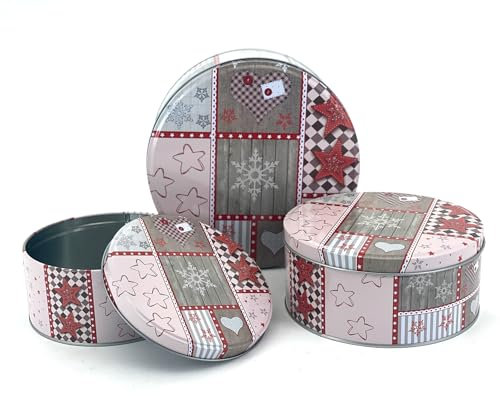 heimtexland ® 3er Set Gebäckdosen Keksdose Vorratsdose Weihnachten Plätzchen Geschenkbox Lebensmittel Metalldosen Typ658 Patchwork rosa