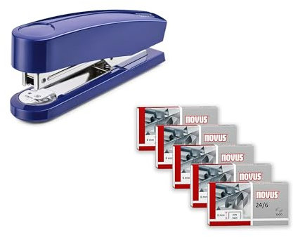 Novus B 2 Heftgerät (25 Blatt, Metall-Hefter mit Kunststoffoberteil, inkl. 200 Heftklammern) (Blau + 5er Pack Heftklammern)