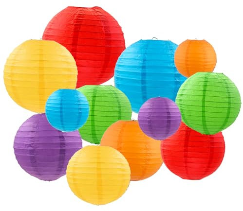 ZYOOO 12 Stück Bunt Papierlaterne Lampion Regenbogen rund Lampenschirm (25cm, 20cm,15cm,10cm) Lampions Hochzeit,Deko Gartenparty,Bride to Be Deko,Faschingsdeko,Karnevalsdeko
