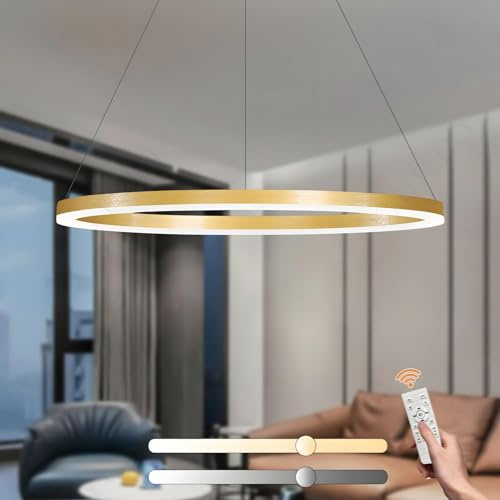 YYUTLUO Moderner DIY-Kreis-LED-Kronleuchter | 1 Golden Goldringe:80cm=35W | LED-Pendelleuchte aus Metall+Acryl | 2,4 G Dimmbare Fernbedienung | Runde Decken-Hängelampe Wohnzimmer Schlafzimmer