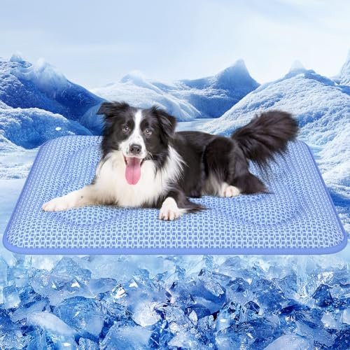 Rywell Dog Cooling Mat Extra Thick,80x110cm PCM Coating Cooling Mat for Dogs Large with Endothermic Color Changing Arc-Chill Cooling Fiber,Double-sided Use, Foldable with Carrying Handle,Blue
