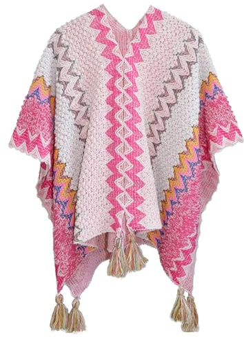Miaikvs Women's Colorful Stripe Vintage Ethnic Style Poncho Women's Shawl Coat Knit Shawl Wrap Open Front Cardigans for Women(Bright Pink 1)