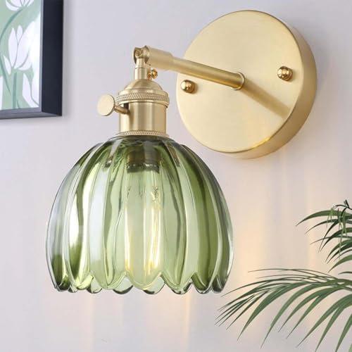 AoLa Vintage Wandleuchte E27 Gold Retro Lampe Wandlampe Einstellbar Metall Lampen-Köpfe Grün Blume Design Glas Lampenschirm Nachttischlampe für Café Restaurant Wohnzimmer Schlafzimmer