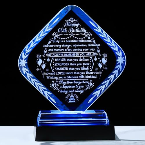 Movdyka Crystal 60th Birthday Gifts for Women Men with LED Light Base Happy 60th Birthday Presents Ideas for Mum Friends 60 Years Old Keepsake Decor Ornaments