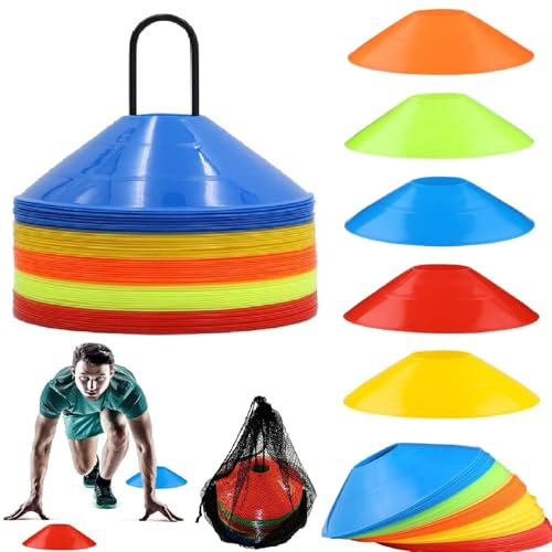 Kiuiom Conos Marcado,Conos Fútbol Multicolores,Juego Conos de Fútbol,Accesorios de Fútbol para Entrenamiento Deportivo Pista y Campo Baloncesto con Soporte de Almacenamiento,Bolsillos Malla,5 Colores