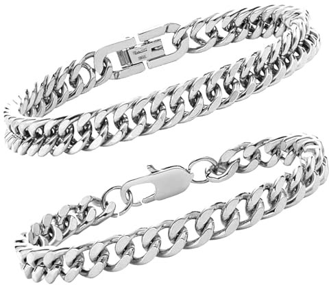 2 Pcs Cuban Link Bracelet Silver Chain for Men Stainless Steel Bracelet Polished Cuban Figaro Franco Wrist Chain Jewelry Bracelet Gifts for Him Dad Boyfriends Finish Everyday Wear & Casual Styling