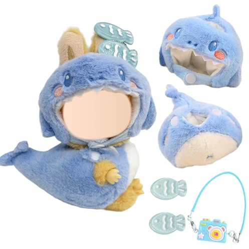 Kleidung für 17cm Puppen, Hai Kopfbedeckung Hai-Anzug Kamera-Anhänger 2 kleine Fisch-Haarspangen für die 17 cm Mini Plüschpuppe, Puppen Nicht im Lieferumfang Enthalten Hellblau